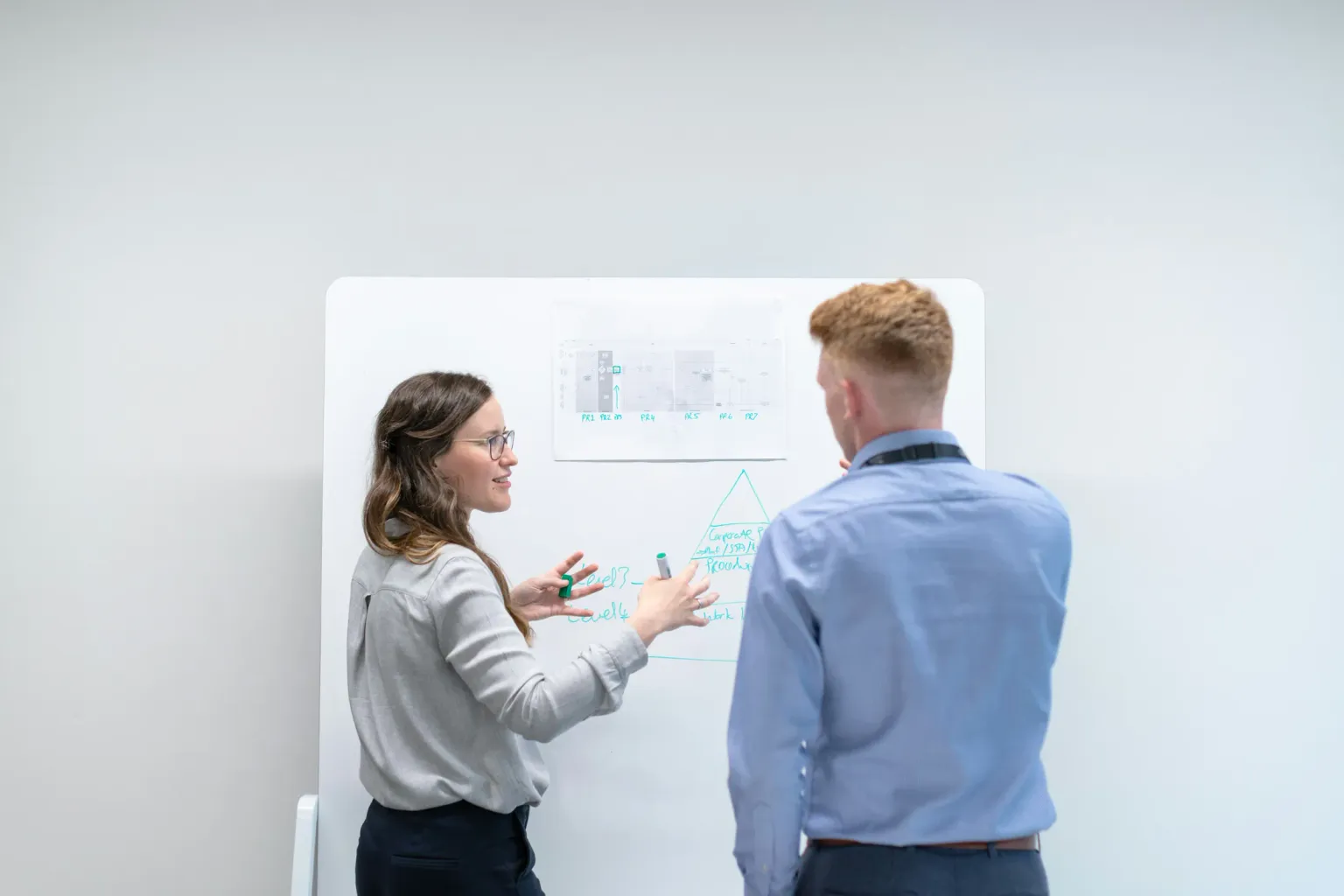 Two people discussing a diagram on an office whiteboard