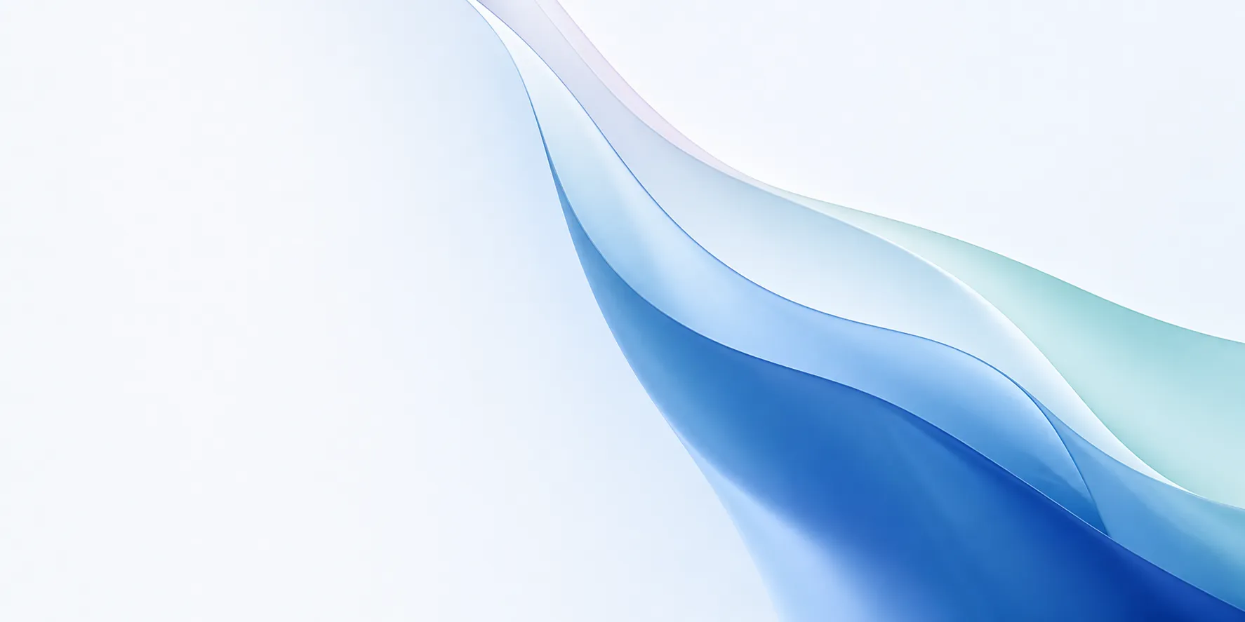 Abstract layered blue and mint forms flowing across a pale background